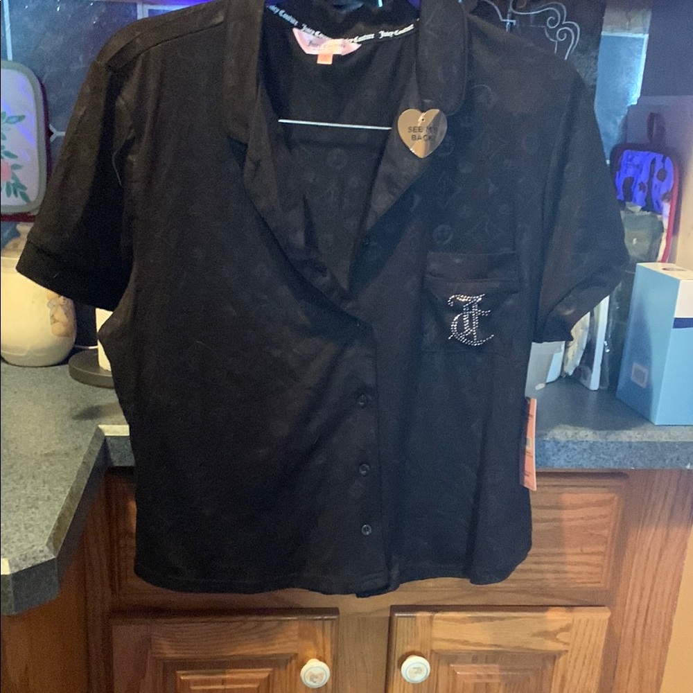 Juicy Couture Black Short Sleeve Shirt with Rhinestone